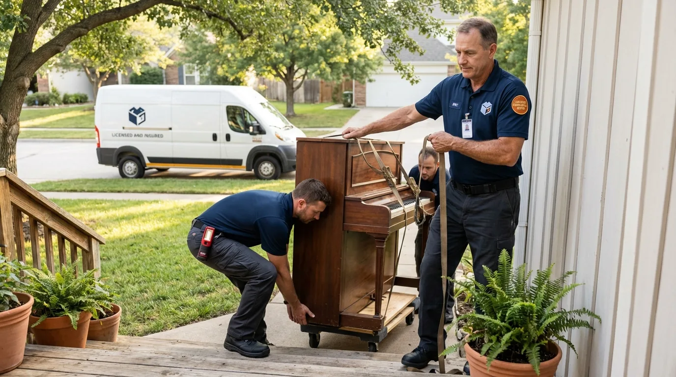 Licensed piano movers securing grand piano in Beatty, NV