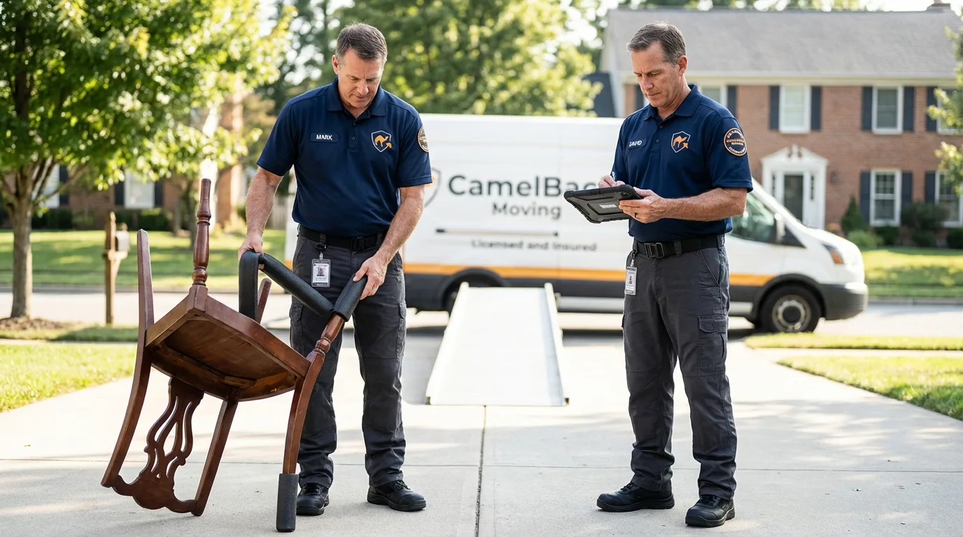 Movers inspecting furniture for damage prevention before loading in Beatty, NV