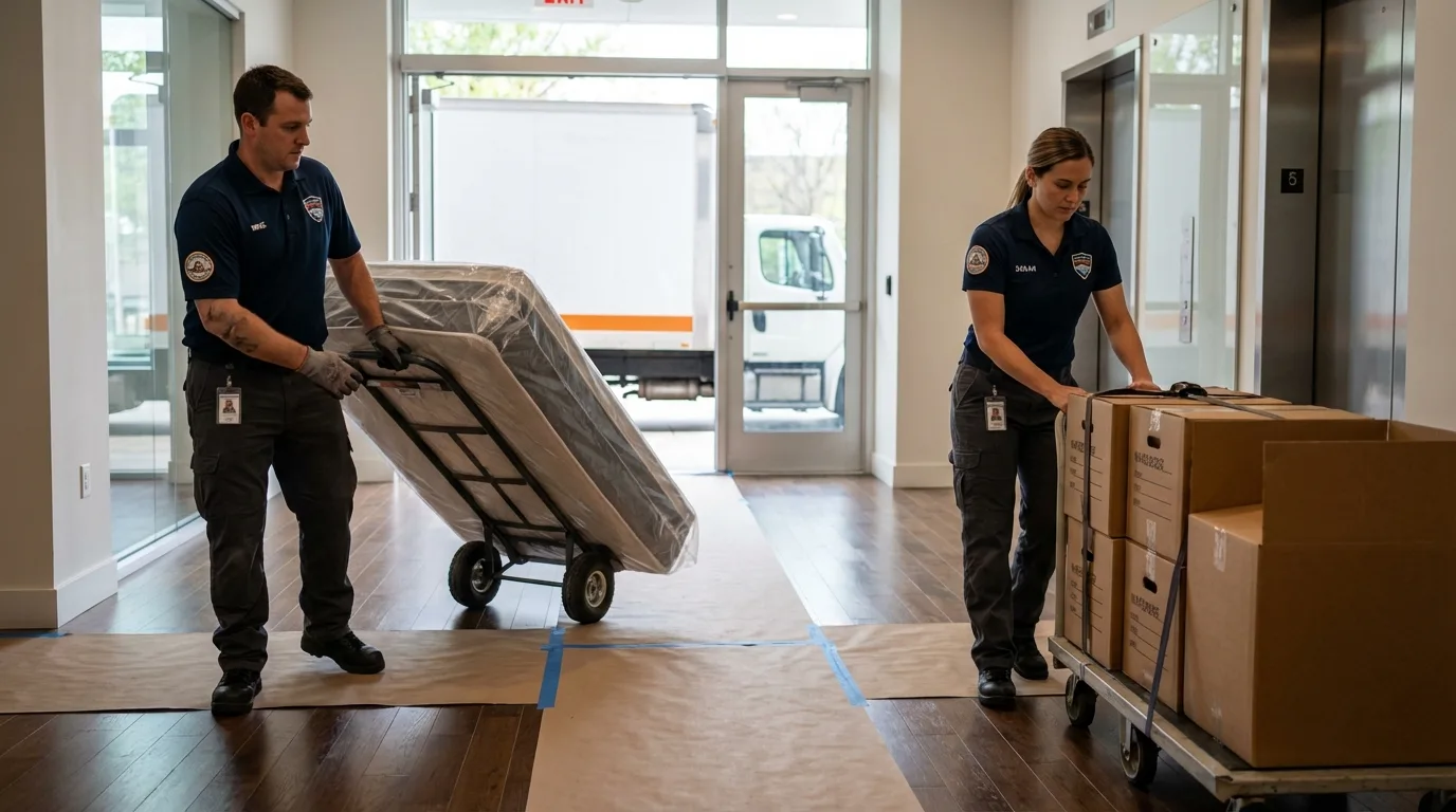 Professional apartment movers loading elevator in Beatty, NV