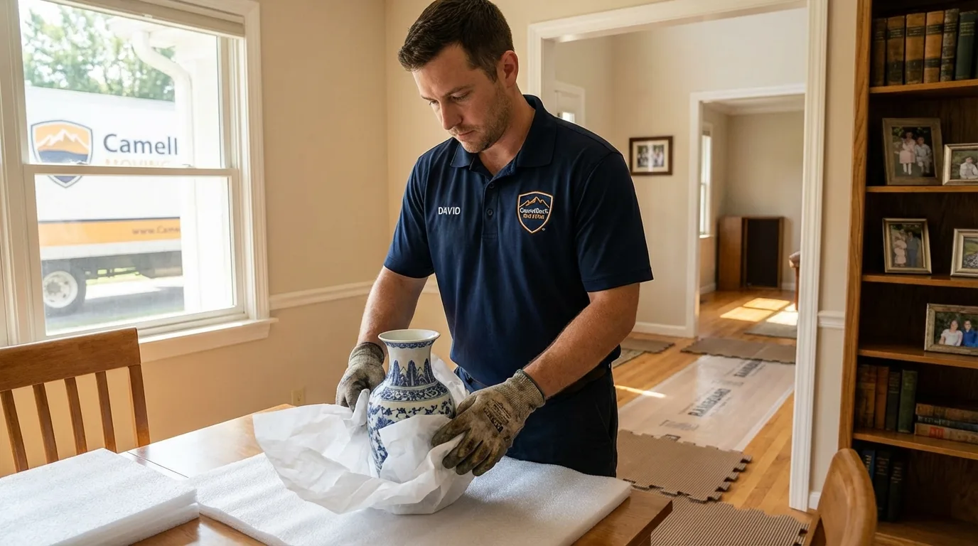 Professional crew carefully wrapping antique vase for senior downsizing move in Beatty, NV